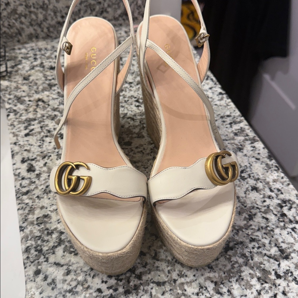 Gucci Cream Wedge Sandals with Gold Emblem